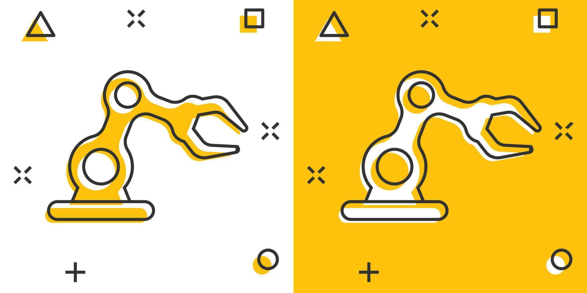 Roboterarm-Symbol im Comic-Stil. Mechaniker-Manipulator-Cartoon-Vektorillustration auf weißem, isoliertem Hintergrund. Maschinensplash-Effekt-Geschäftskonzept. vektor