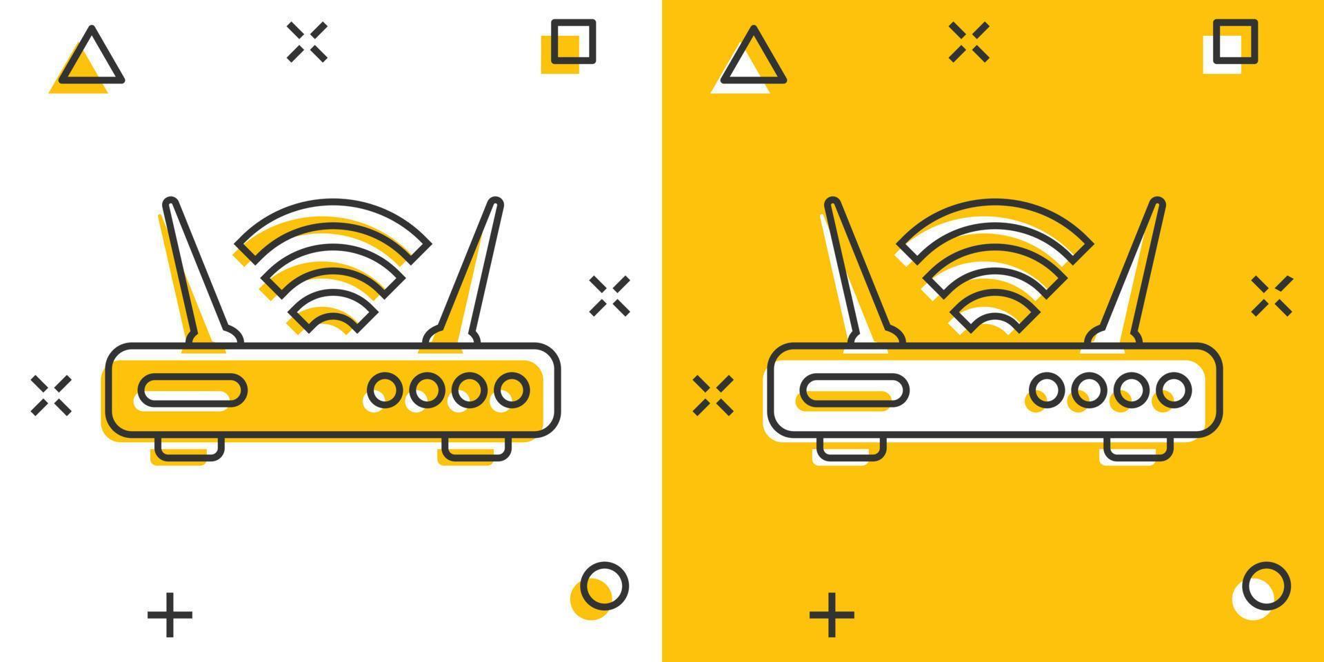 WLAN-Router-Symbol im Comic-Stil. Breitband-Cartoon-Vektorillustration auf weißem, isoliertem Hintergrund. Geschäftskonzept mit Splash-Effekt für die Internetverbindung. vektor