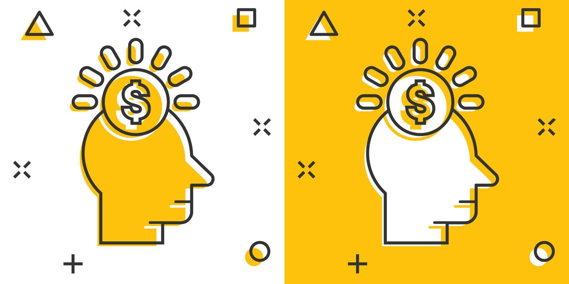 mänsklig huvud med pengar ikon i komisk stil. karriär framsteg tecknad serie vektor illustration på vit isolerat bakgrund. ansikte och dollar mynt stänk effekt företag begrepp.
