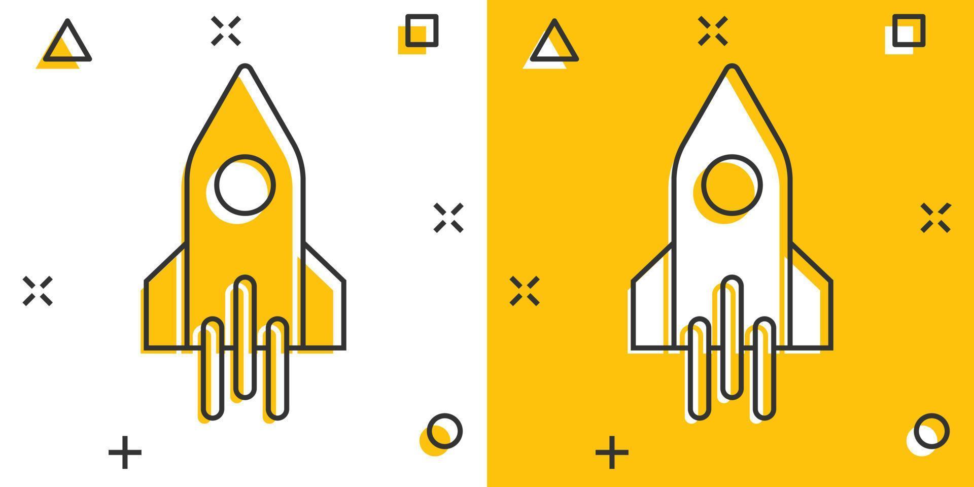 raket ikon i komisk stil. rymdskepp lansera tecknad serie vektor illustration på vit isolerat bakgrund. sputnik stänk effekt företag begrepp.