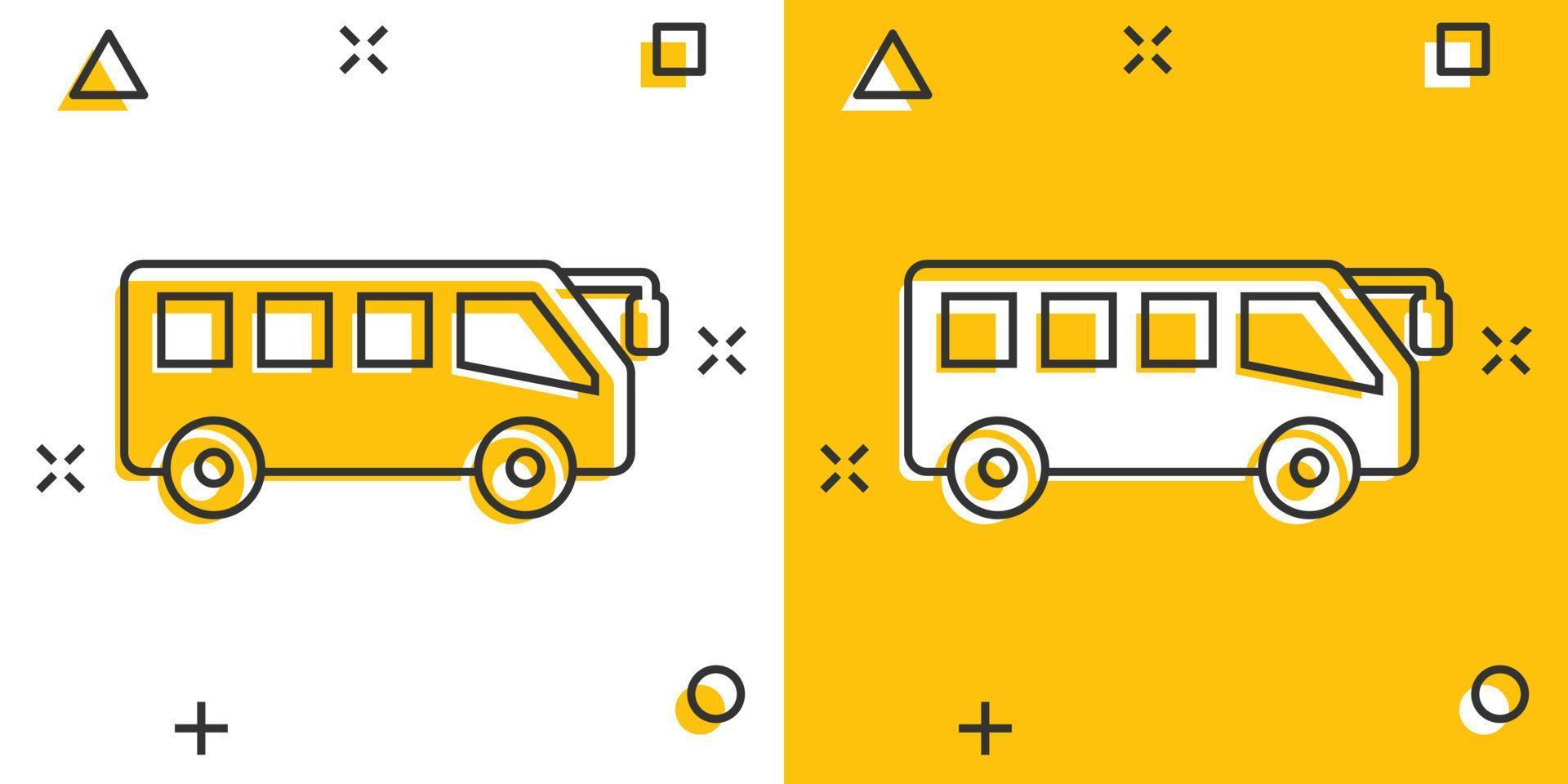 Bus-Symbol im Comic-Stil. Trainerkarikatur-Vektorillustration auf weißem lokalisiertem Hintergrund. Geschäftskonzept für Autobus-Fahrzeug-Splash-Effekt. vektor