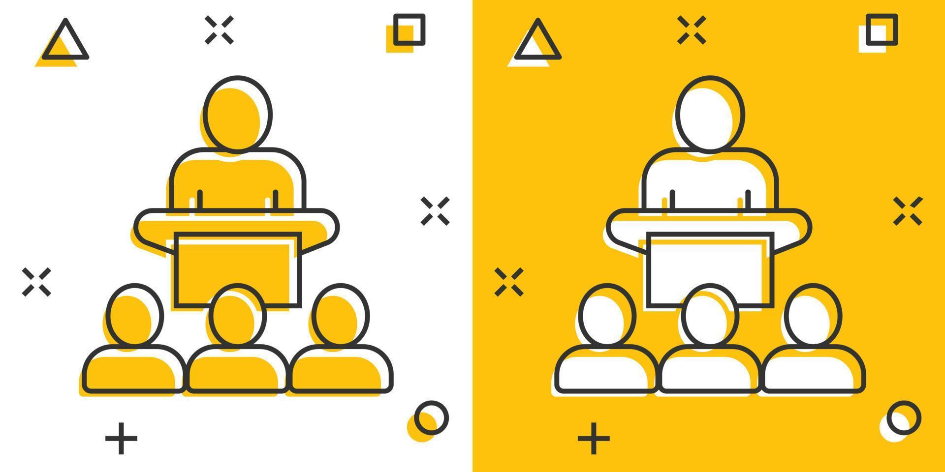 Menschen auf dem Podium-Symbol im Comic-Stil. Sprecherkarikatur-Vektorillustration auf weißem lokalisiertem Hintergrund. Publikum Redner Splash-Effekt Geschäftskonzept. vektor