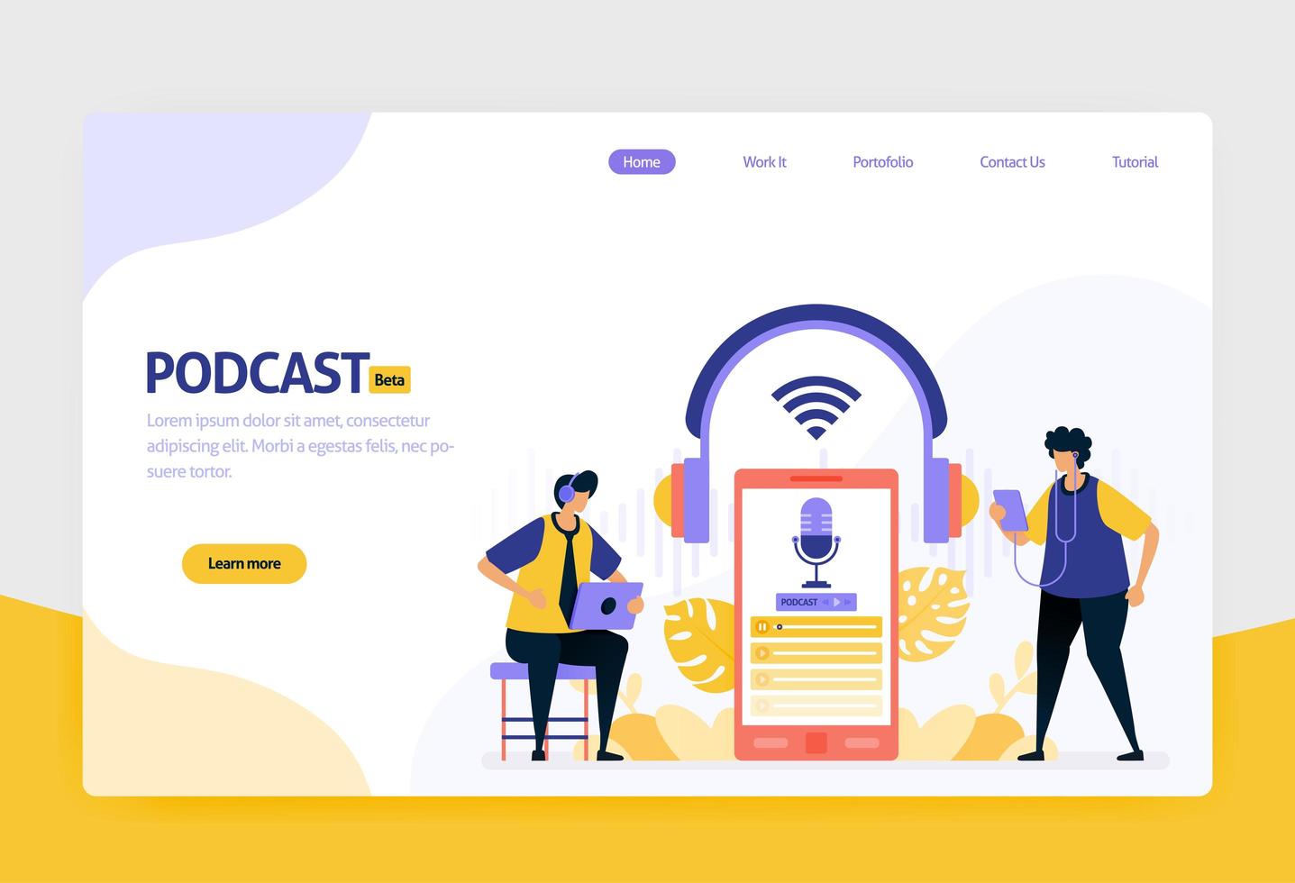 Landing Page Vector Flat Design Illustration von Podcast-Rundfunk. Internet-Technologie, modernes öffentliches Interview und Online-Berichterstattung mit Audio. für Websites, mobile Apps, Banner, Flyer, Broschüre