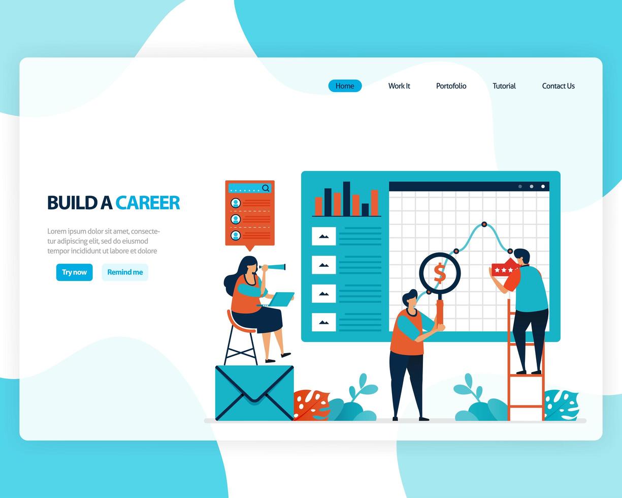 vektor målsida för att bygga en karriär och ledarskap. diagram för att uppnå affärsmål. utvecklas mentalt i arbetet. illustration för webb, hemsida, webbsida, webbtema, mall, flygblad, mobil, kort