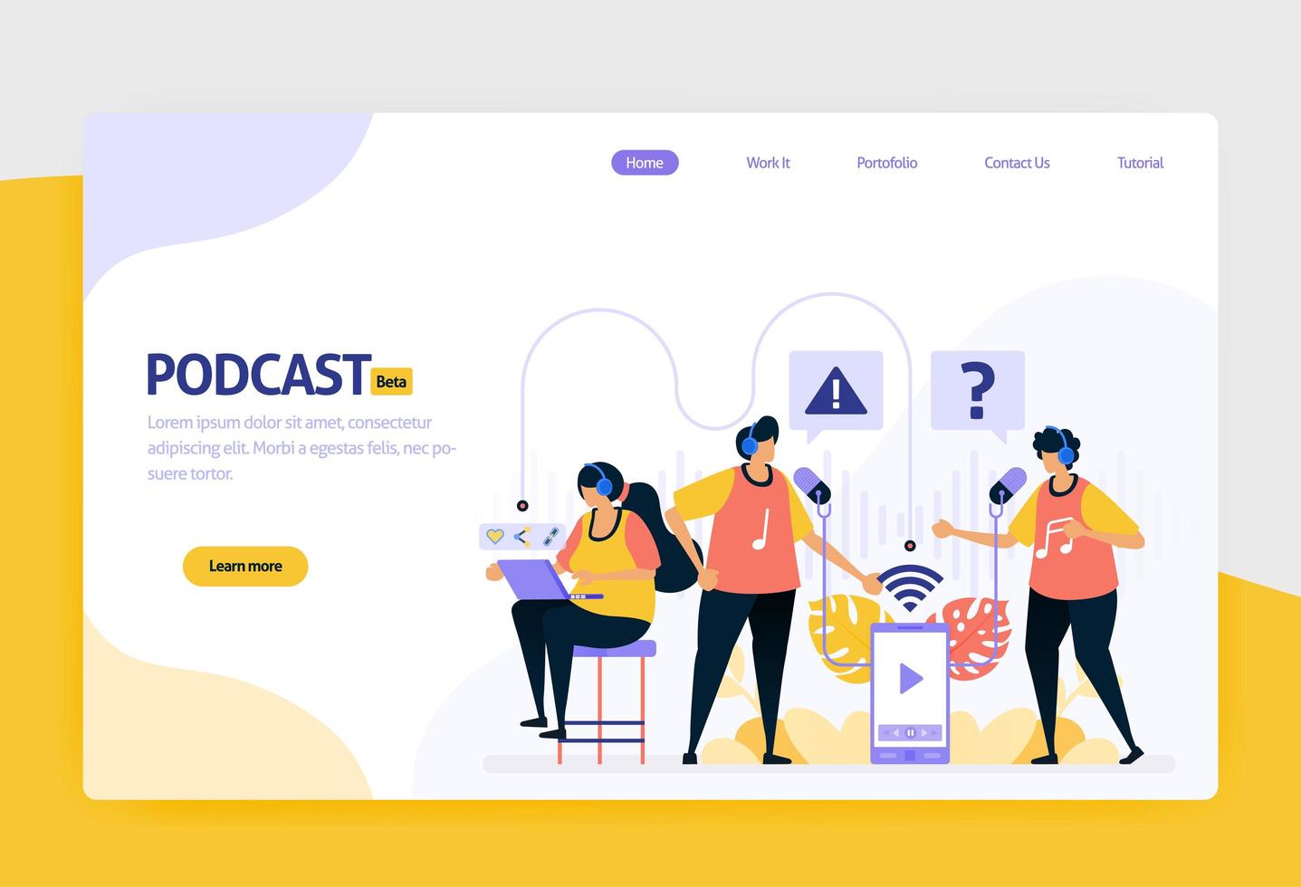 Landing Page Vector Flat Design Illustration von Podcast-Rundfunk. Internet-Technologie, modernes öffentliches Interview und Online-Berichterstattung mit Audio. für Websites, mobile Apps, Banner, Flyer, Broschüre