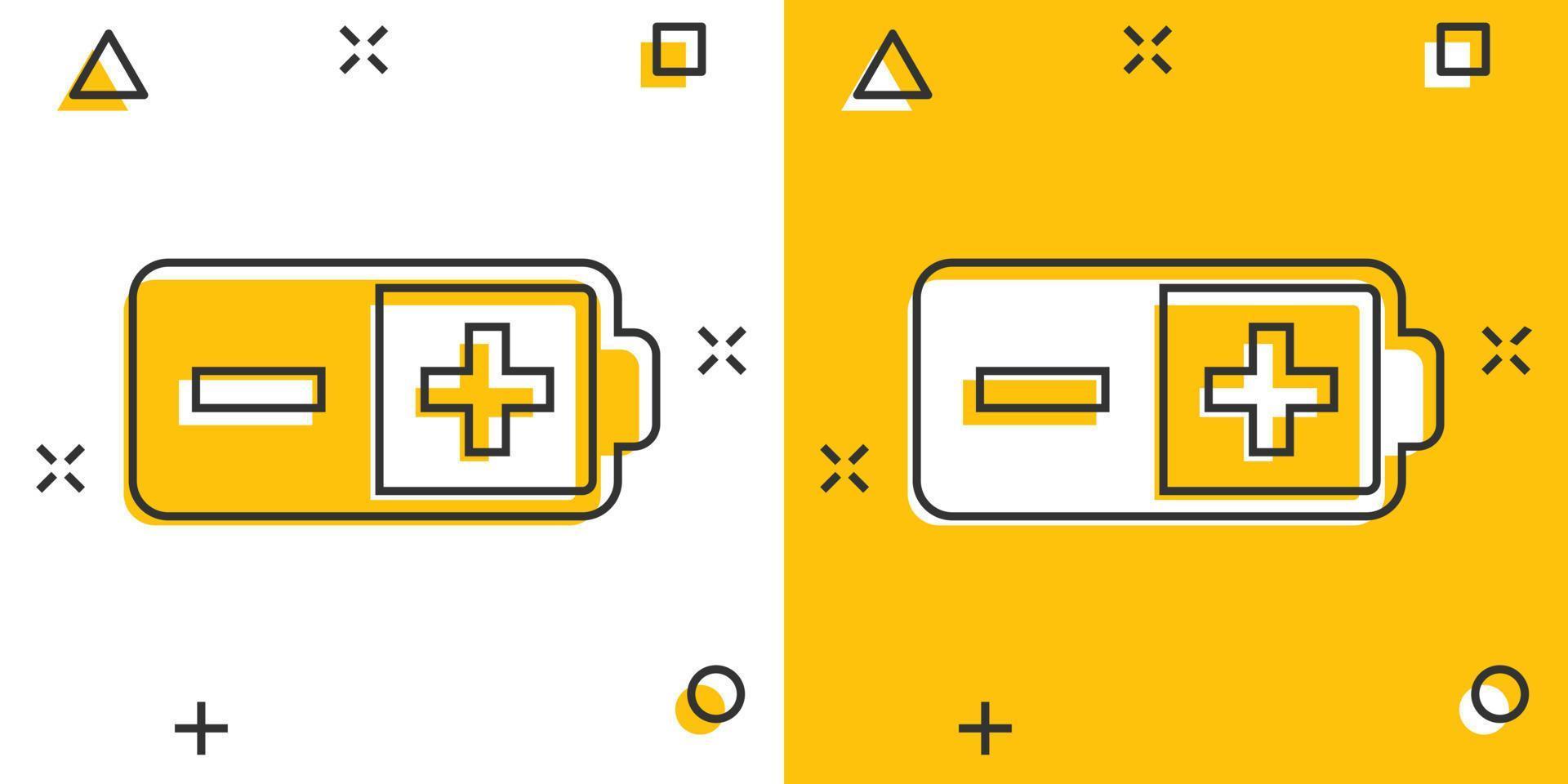 Batterieladesymbol im Comic-Stil. Cartoon-Vektor-Illustration der Leistungsstufe auf weißem, isoliertem Hintergrund. Geschäftskonzept mit Lithium-Akku-Splash-Effekt. vektor