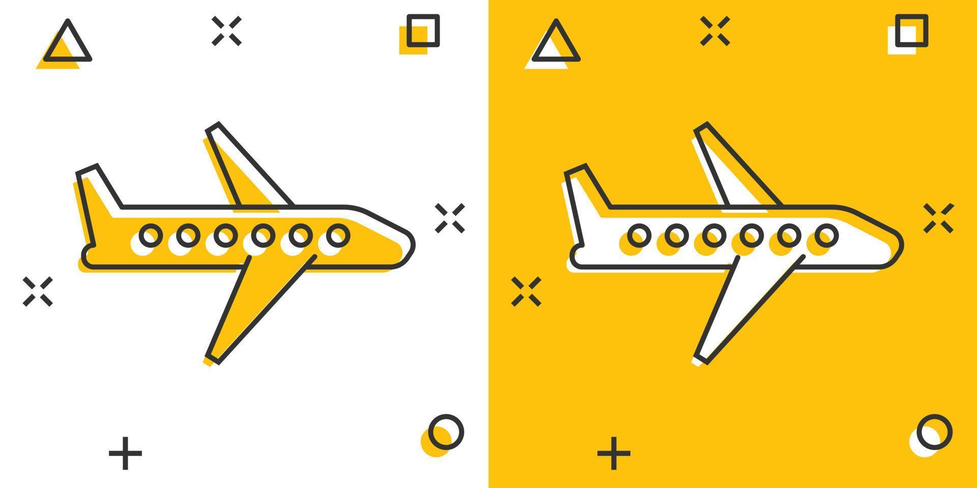 Flugzeug-Symbol im Comic-Stil. Flugzeugkarikatur-Vektorillustration auf weißem lokalisiertem Hintergrund. Geschäftskonzept mit Splash-Effekt für Fluglinienflugzeuge. vektor