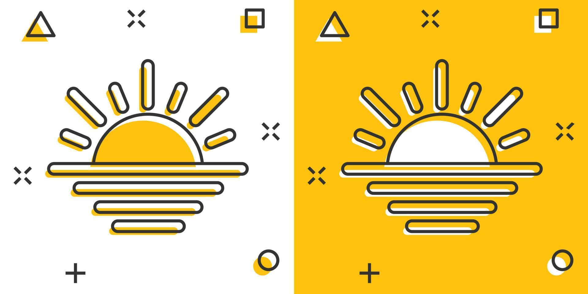 Sonnensymbol im Comic-Stil. Sonnenlicht-Cartoon-Zeichen-Vektorillustration auf weißem, isoliertem Hintergrund. Geschäftskonzept mit Tageslicht-Splash-Effekt. vektor