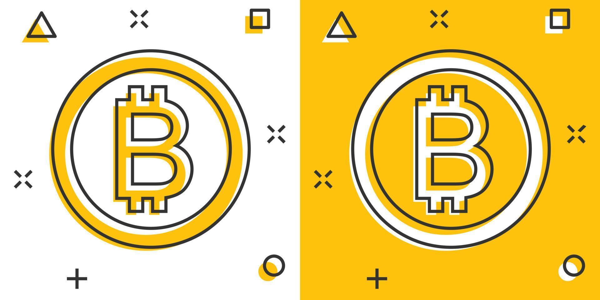 bitcoin ikon i komisk stil. blockchain tecknad serie vektor illustration på vit isolerat bakgrund. kryptovaluta stänk effekt företag begrepp.