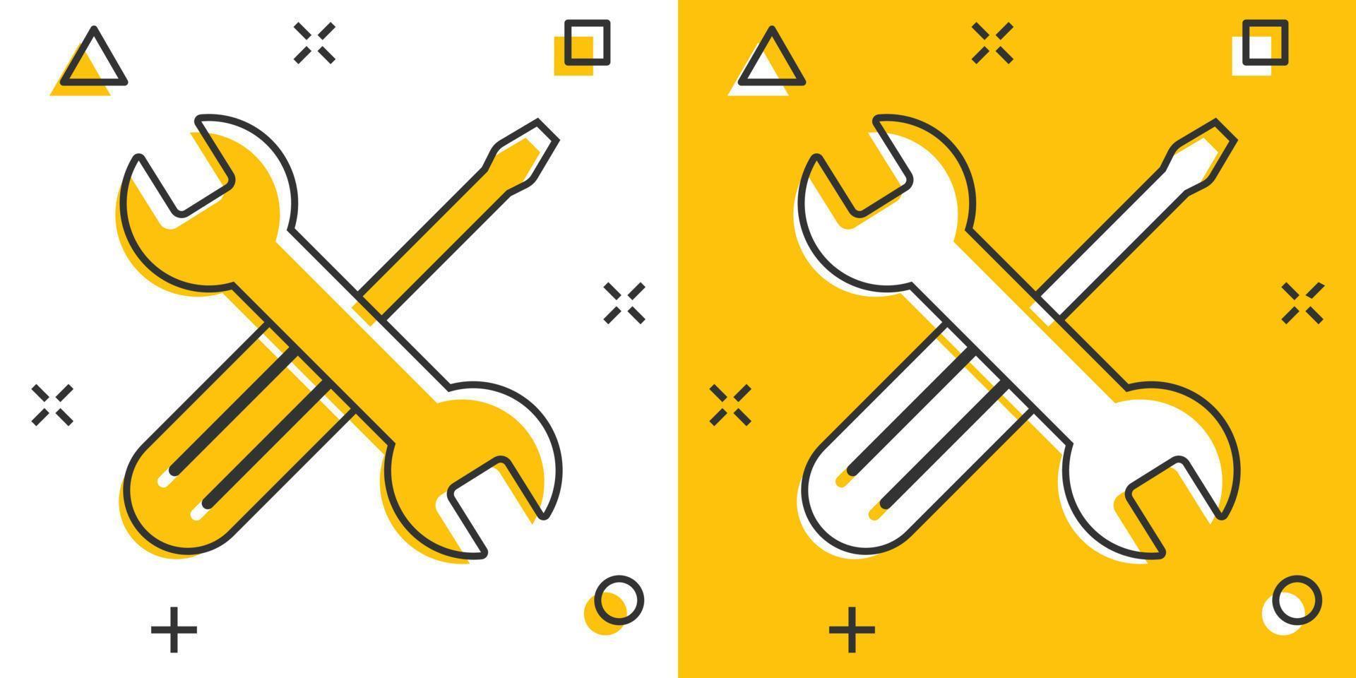 Schraubenschlüssel und Schraubendreher-Symbol im Comic-Stil. Schraubenschlüssel-Cartoon-Vektorillustration auf weißem, isoliertem Hintergrund. Geschäftskonzept mit Splash-Effekt für Reparaturgeräte. vektor