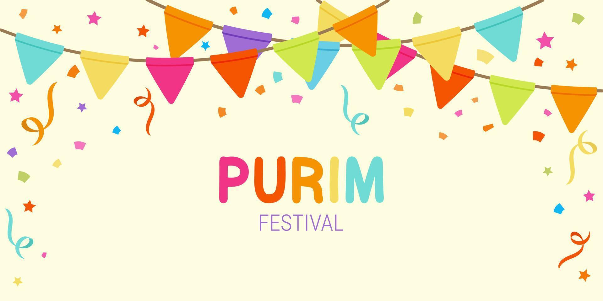 fröhliches purim-banner mit bändern und konfetti auf gelbem hintergrund vektor