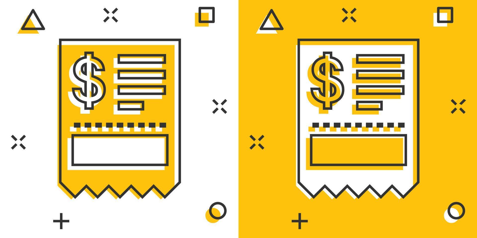 Geld-Scheck-Symbol im Comic-Stil. Scheckheftkarikatur-Vektorillustration auf weißem lokalisiertem Hintergrund. Finanzgutschein-Splash-Effekt-Geschäftskonzept. vektor