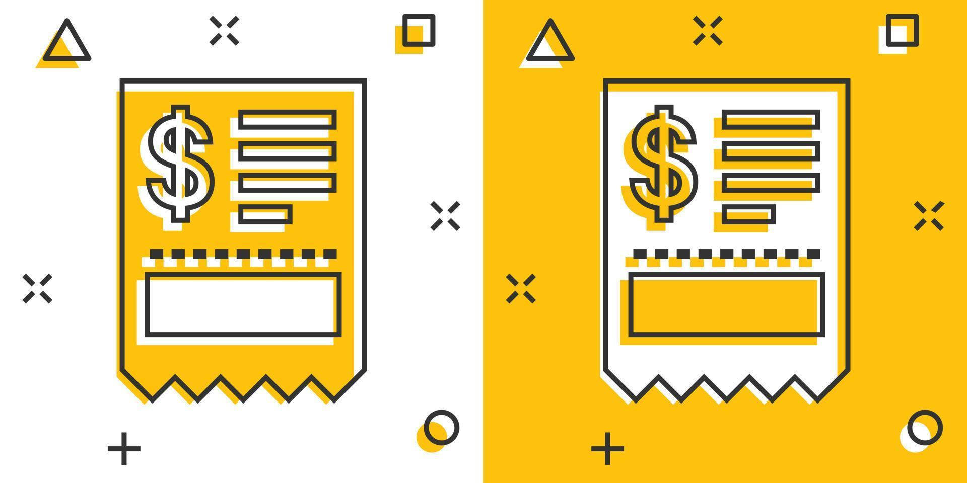 pengar kolla upp ikon i komisk stil. checkhäfte tecknad serie vektor illustration på vit isolerat bakgrund. finansiera voucher stänk effekt företag begrepp.