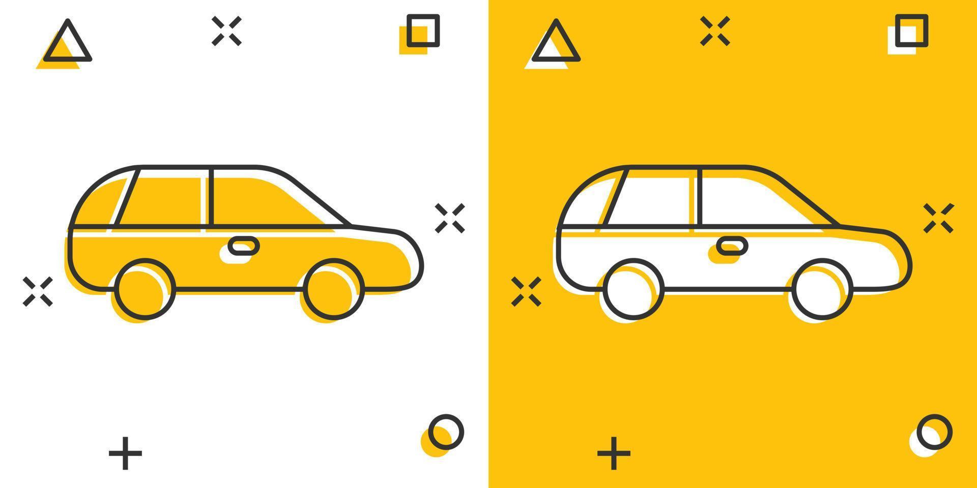 Auto-Symbol im Comic-Stil. Automobil-Fahrzeugkarikatur-Vektorillustration auf weißem lokalisiertem Hintergrund. Limousine Spritzeffekt Geschäftskonzept. vektor