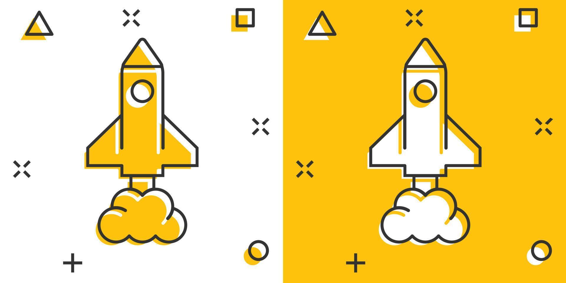 raket ikon i komisk stil. rymdskepp lansera tecknad serie vektor illustration på vit isolerat bakgrund. sputnik stänk effekt företag begrepp.