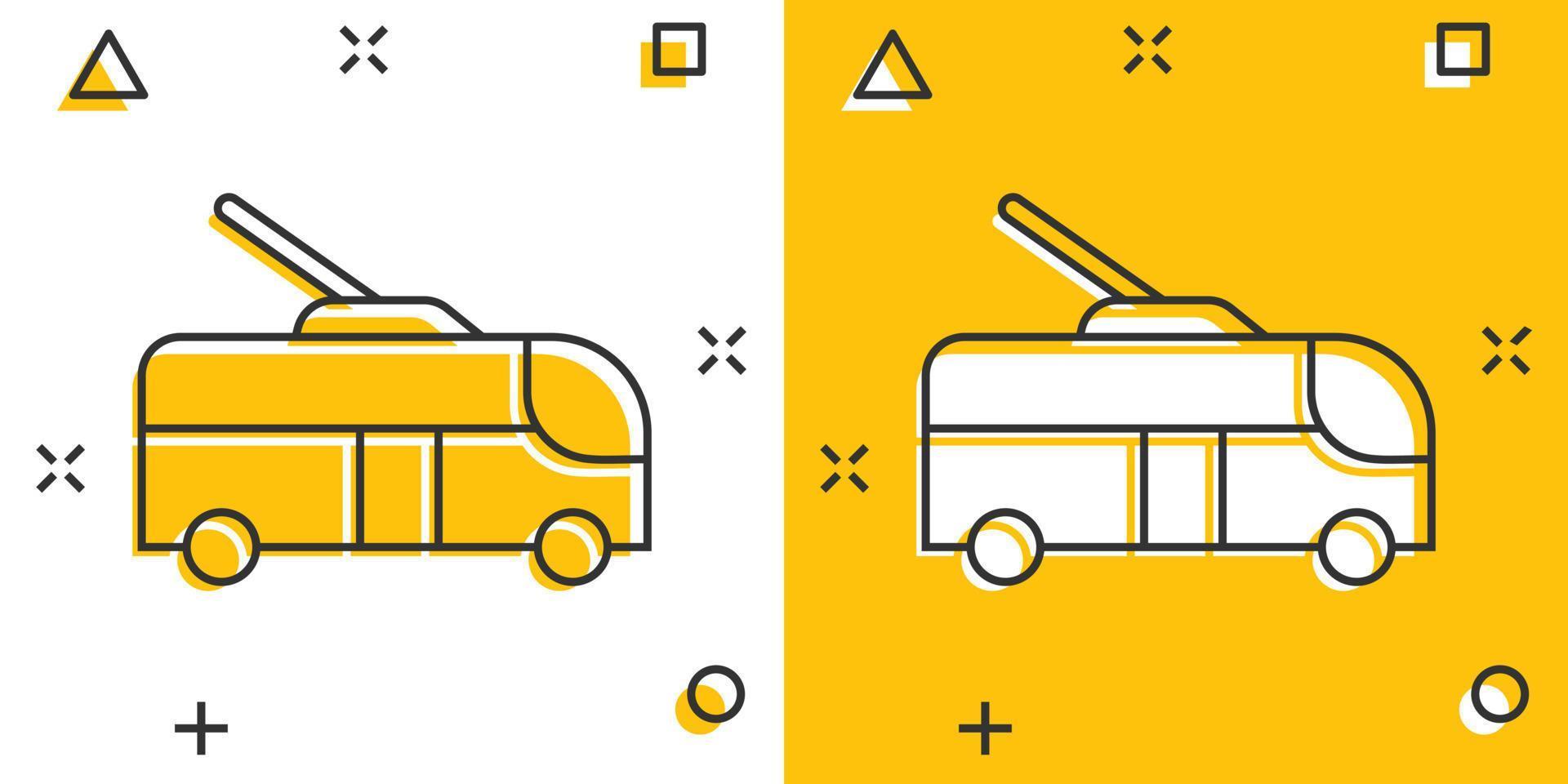 Trolleybus-Symbol im Comic-Stil. Oberleitungsbuskarikatur-Vektorillustration auf weißem lokalisiertem Hintergrund. Geschäftskonzept für Autobus-Fahrzeug-Splash-Effekt. vektor