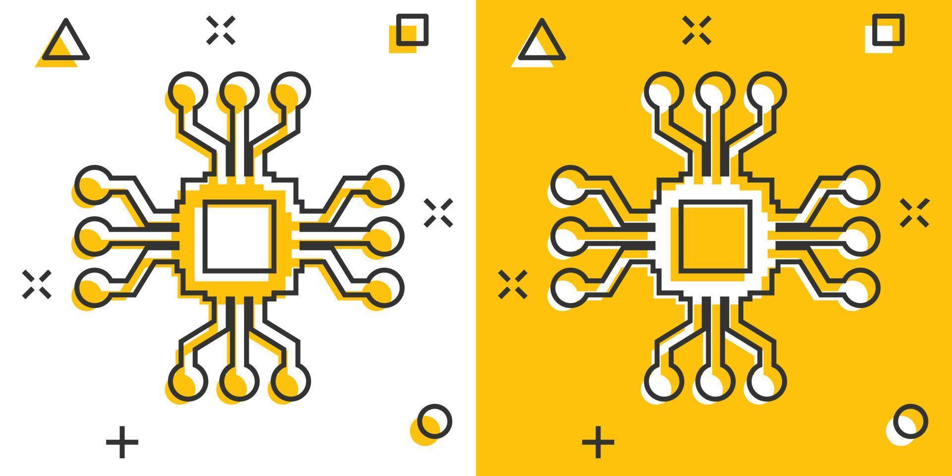 dator chip ikon i komisk stil. krets styrelse tecknad serie vektor illustration på vit isolerat bakgrund. cpu processor stänk effekt företag begrepp.