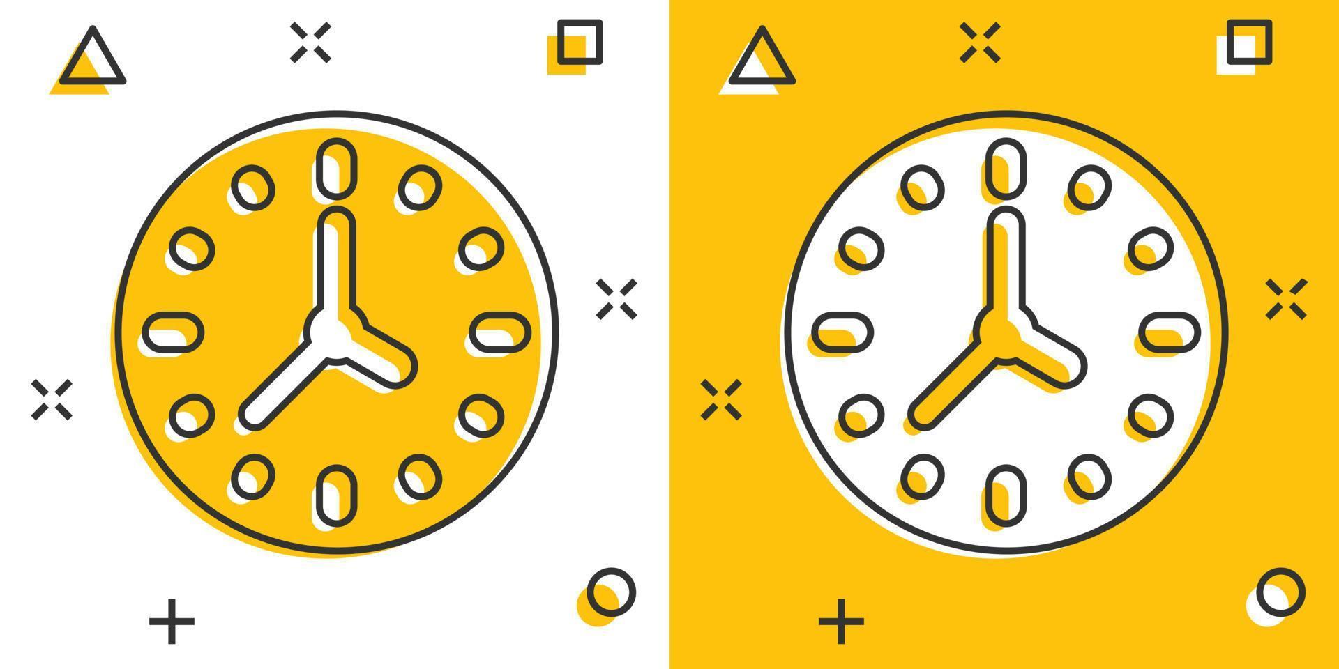 klocka ikon i komisk stil. Kolla på tecknad serie vektor illustration på vit isolerat bakgrund. timer stänk effekt företag begrepp.