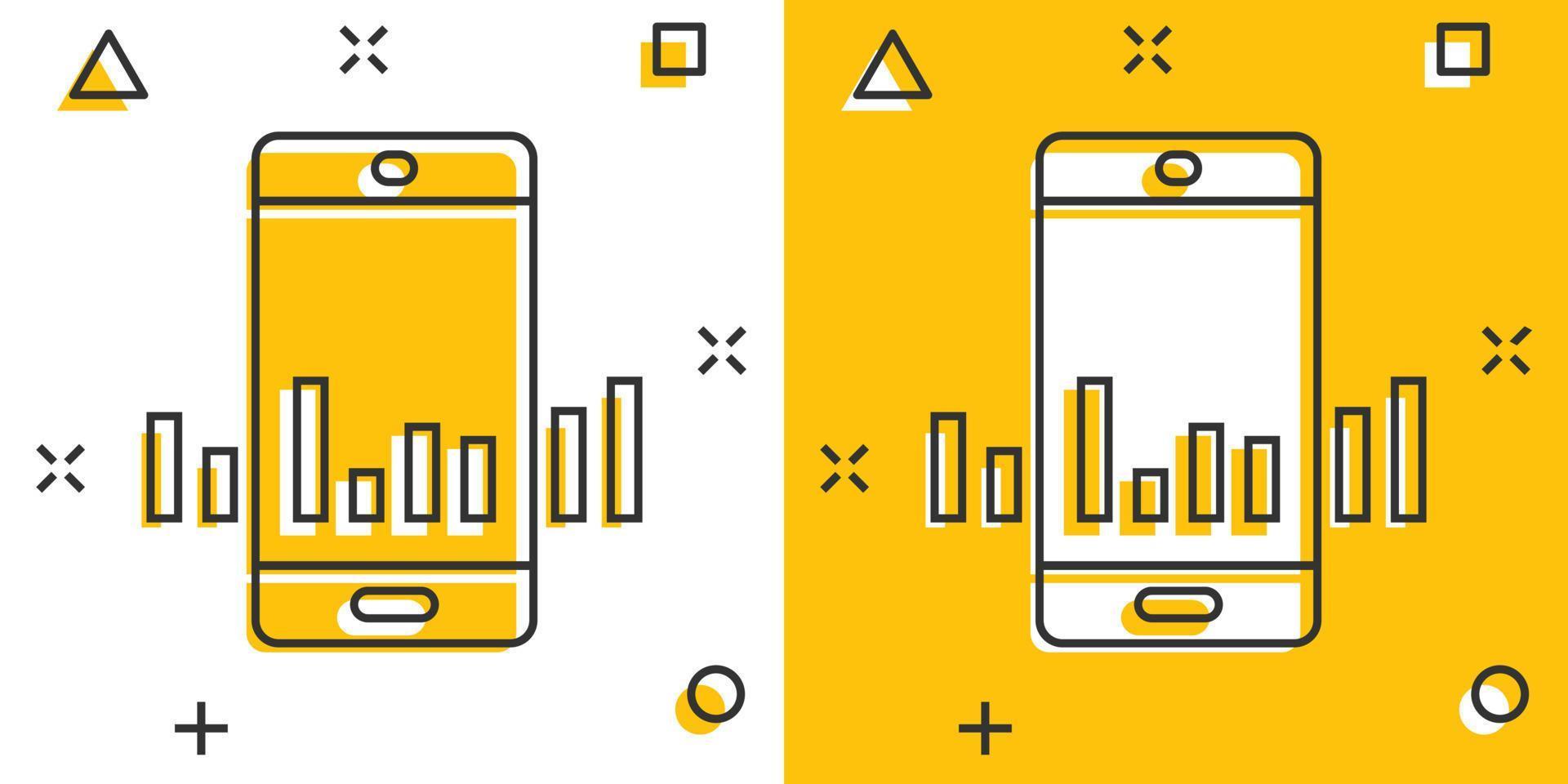 telefon diagram ikon i komisk stil. smartphone tillväxt statistisk tecknad serie vektor illustration på vit isolerat bakgrund. grej analys stänk effekt företag begrepp.