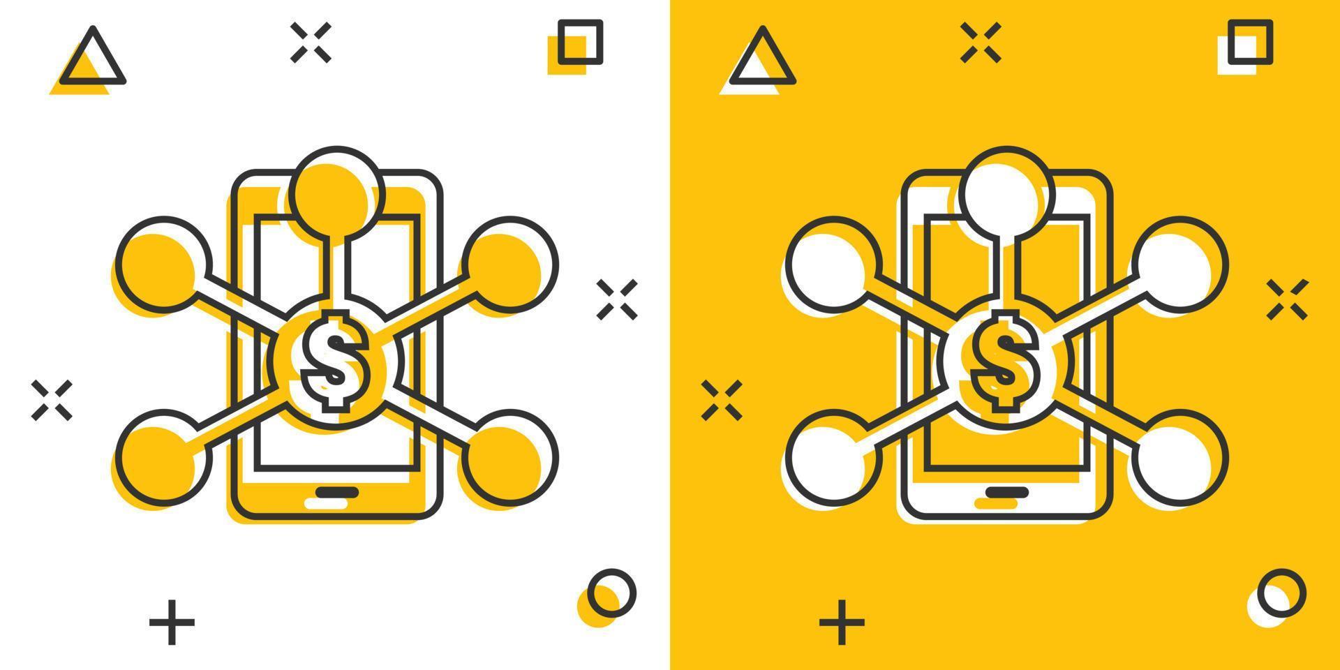 Symbol für Zahlungsdienste im Comic-Stil. Geld senden Cartoon-Vektor-Illustration auf weißem Hintergrund isoliert. Smartphone-Transaktion Splash-Effekt-Geschäftskonzept. vektor