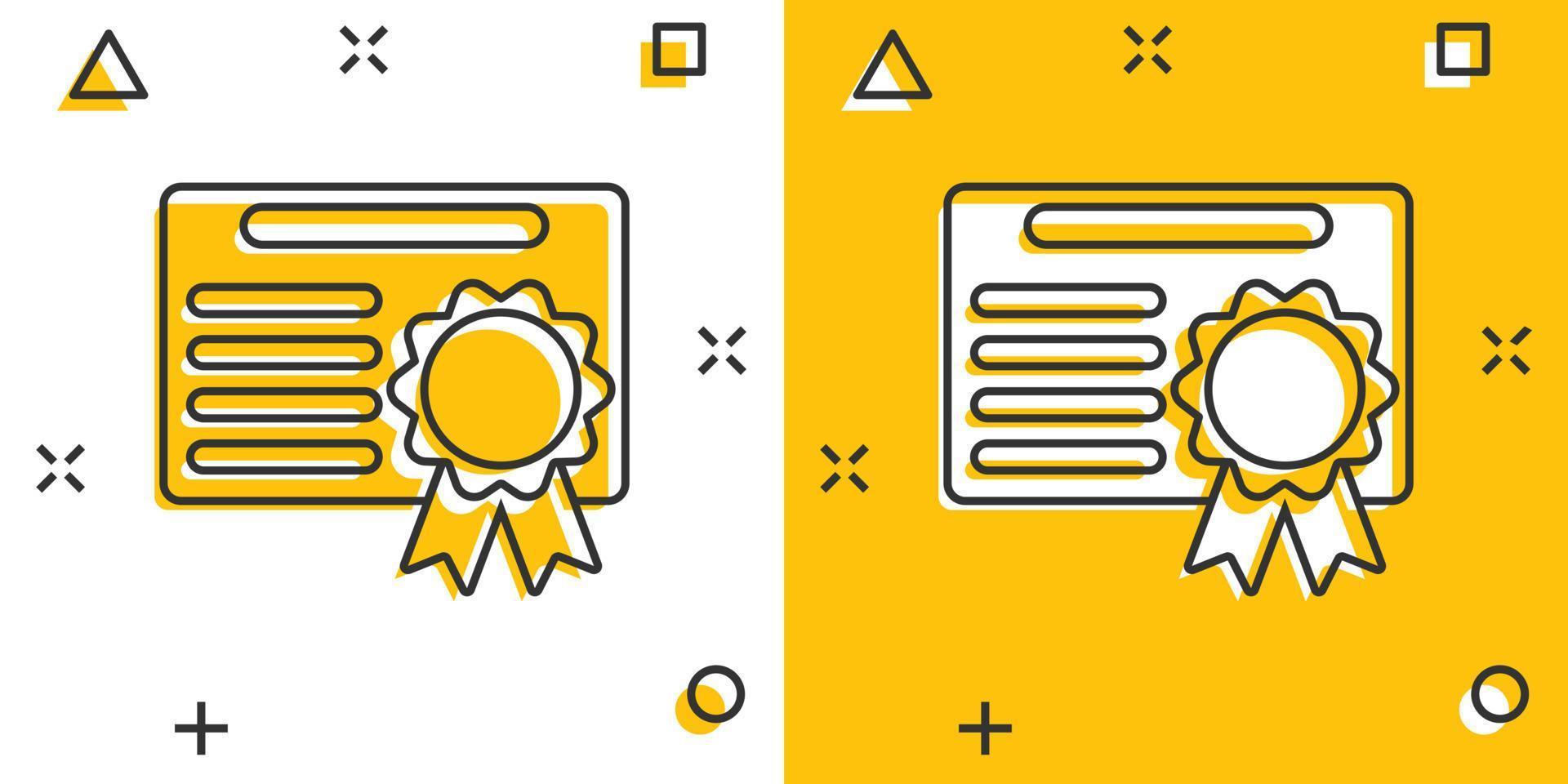 Zertifikatssymbol im Comic-Stil. Lizenz-Abzeichen-Vektor-Cartoon-Illustration auf weißem, isoliertem Hintergrund. gewinnermedaille splash effekt geschäftskonzept. vektor