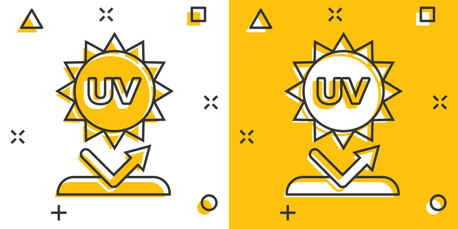 UV-Strahlungssymbol im Comic-Stil. ultraviolette Cartoon-Vektorillustration auf weißem, isoliertem Hintergrund. Sonnenschutz-Splash-Effekt-Geschäftskonzept. vektor