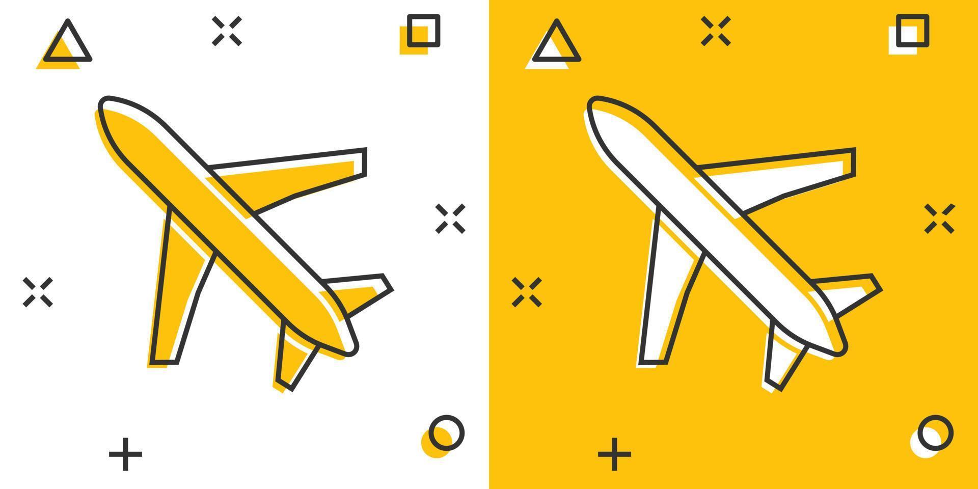 Flugzeug-Symbol im Comic-Stil. Flugzeugkarikatur-Vektorillustration auf weißem lokalisiertem Hintergrund. Geschäftskonzept mit Splash-Effekt für Fluglinienflugzeuge. vektor