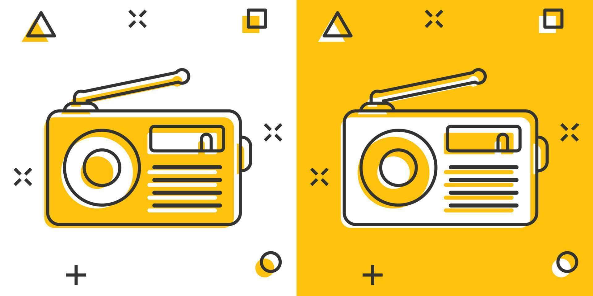 radio ikon i komisk stil. fm utsända tecknad serie vektor illustration på vit isolerat bakgrund. radiosändning stänk effekt företag begrepp.