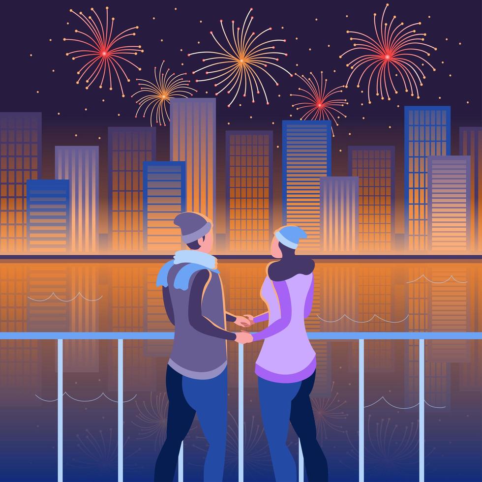 ein romantisches Paar, das Feuerwerk am Flussufer beobachtet vektor