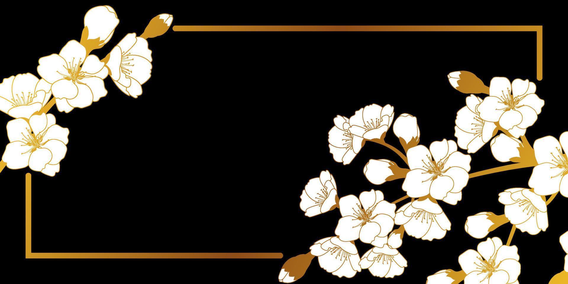 Banner im japanischen Stil mit Kirschblütenzweigen. minimalistisches Design für eine Karte oder Einladung mit Platz für Text in Schwarz und Gold. Vektor-Illustration vektor