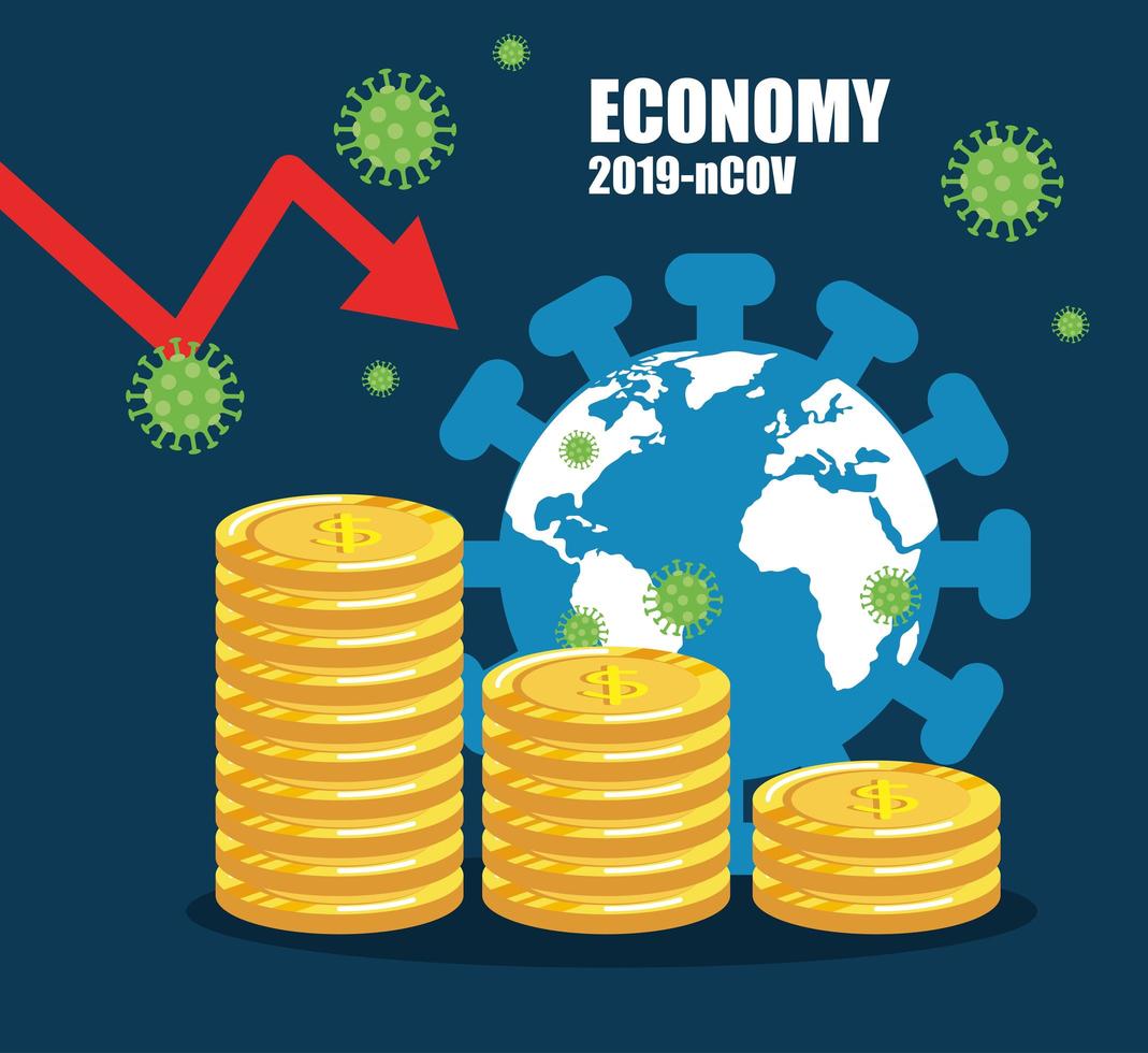 wirtschaftliche Auswirkungen bis 2019 ncov mit Weltplaneten und Ikonen vektor