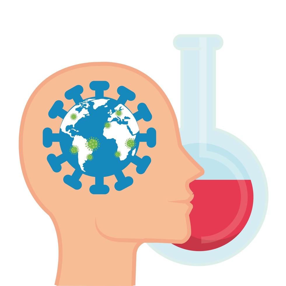 världsplanet med partiklar covid 19 i huvudprofil och rörtest vektor