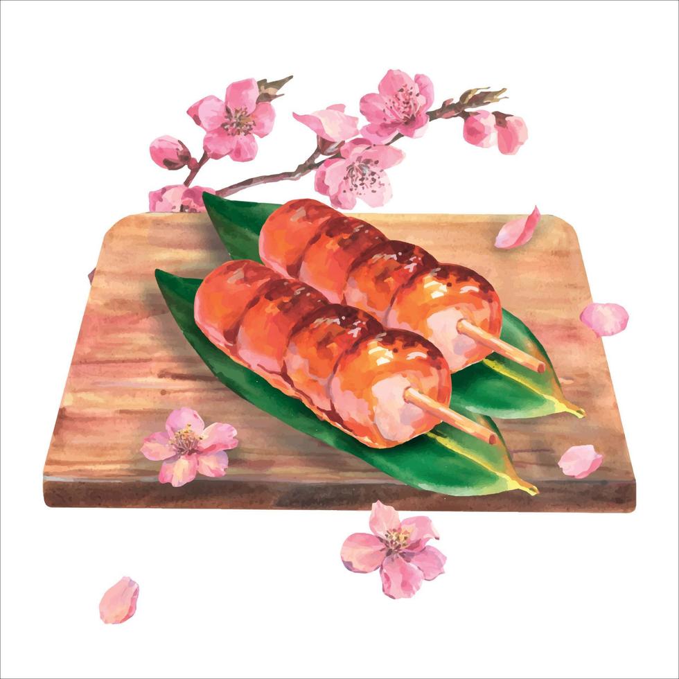 Aquarell-Set aus japanischem berühmten traditionellen Snack Dango auf Blättern Nory gemalt auf Holzbrett mit Sakura-Zweig auf weißem Hintergrund. asiatisches Essen. vektor