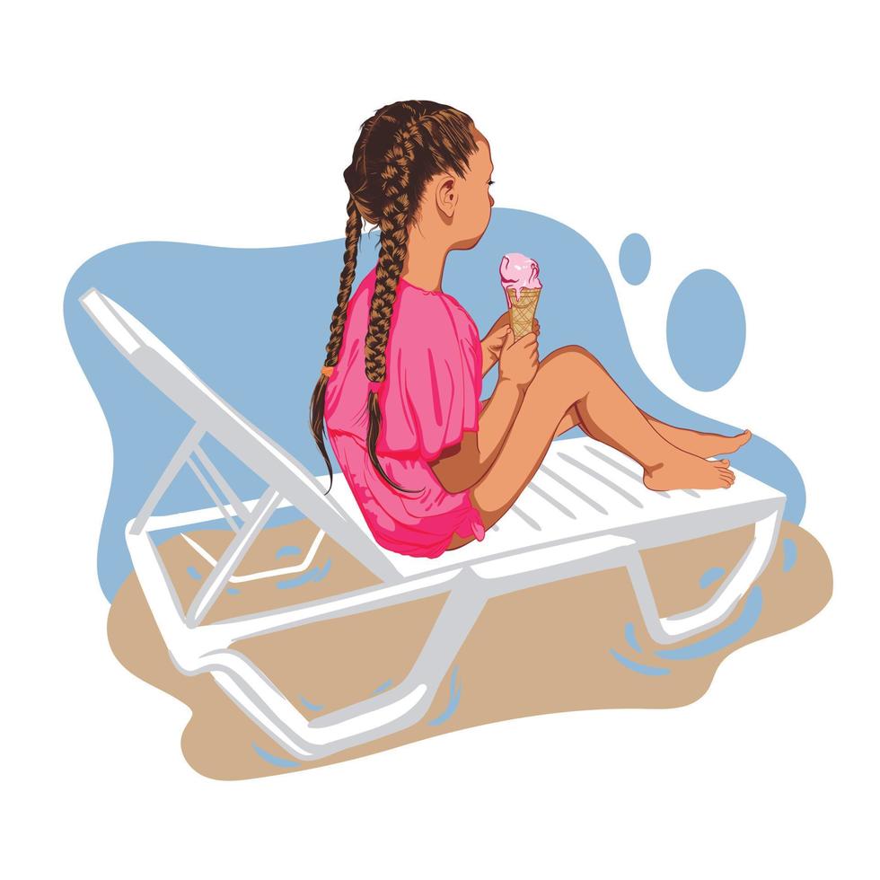 Mädchen in einem rosa Pareo auf einer Sonnenliege am Strand isst Eis. Sommerillustration vektor