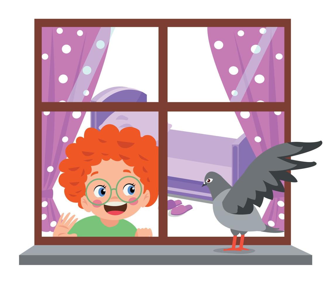 die Taube sitzt auf dem Fenster und das Kind starrt sie an vektor