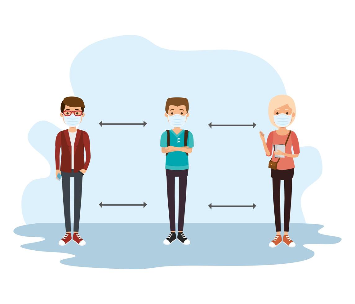 Menschen, die Gesichtsmasken mit sozialer Distanzierung für covid19 verwenden vektor