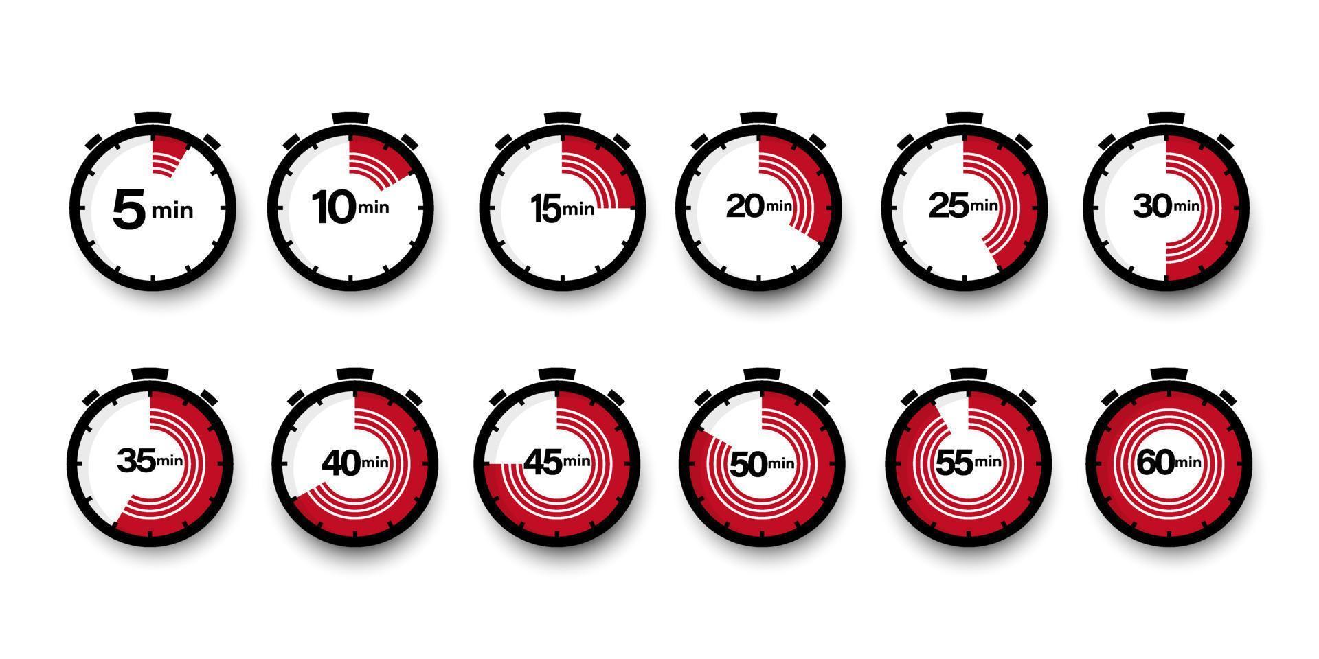 uppsättning av timers. 5, 10, 15, 20, 25, 30, 35, 40, 45, 50, 55, och 60 minuter. nedräkning timer ikoner uppsättning. isolerat vektor illustration.