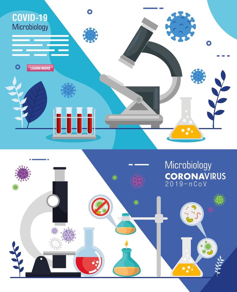 Set Poster der Mikrobiologie für Covid 19 und medizinische Ikonen vektor