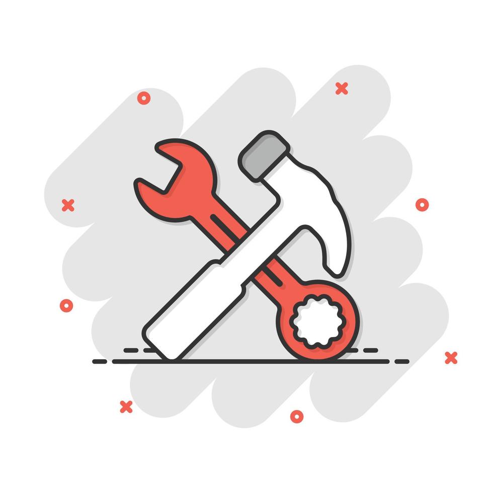 Hammer mit Schraubenschlüssel-Symbol im flachen Stil. Arbeitsinstrument-Vektorillustration auf weißem getrenntem Hintergrund. Geschäftskonzept für Reparaturgeräte. vektor