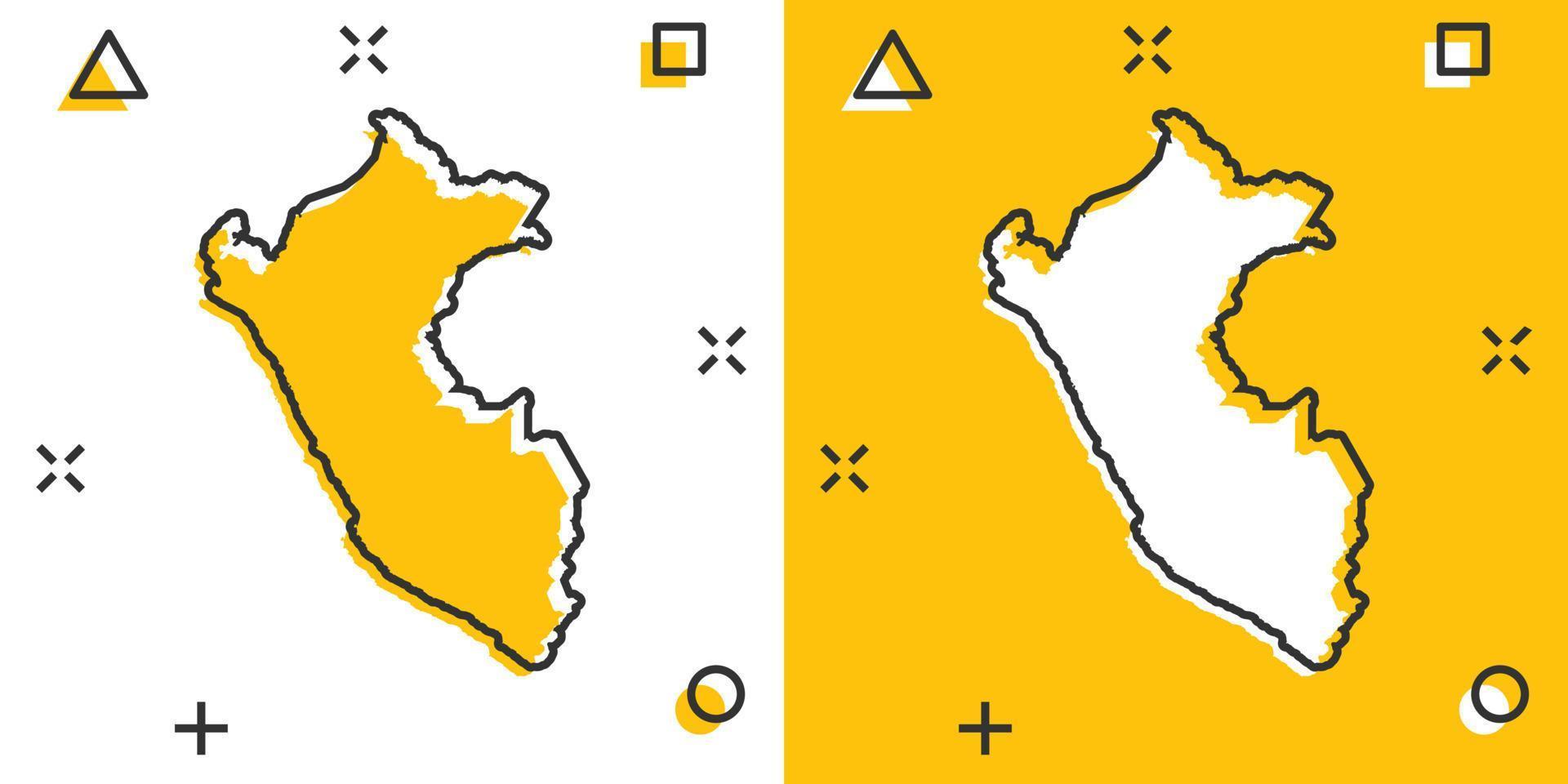 Vektor-Cartoon-Peru-Kartensymbol im Comic-Stil. Peru Zeichen Abbildung Piktogramm. Kartografie-Karten-Business-Splash-Effekt-Konzept. vektor