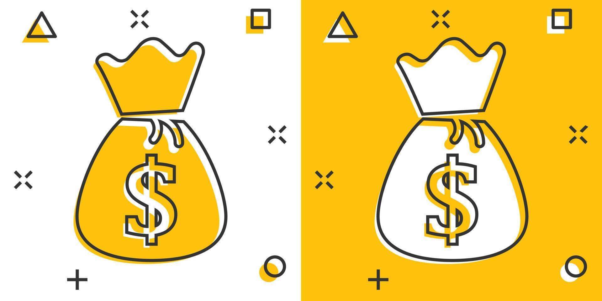 Vektor-Cartoon-Geldbeutel-Symbol im Comic-Stil. Geldbeutel mit Dollarillustrationspiktogramm. Konzept des Geldsack-Splash-Effekts. vektor