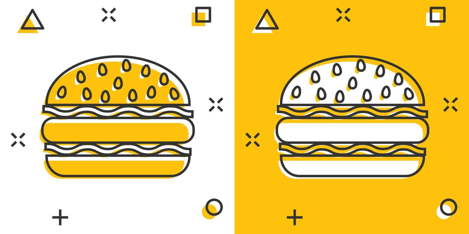 Vektor-Cartoon-Burger-Fast-Food-Symbol im Comic-Stil. Hamburger Zeichen Abbildung Piktogramm. Burger Business Splash-Effekt-Konzept. vektor