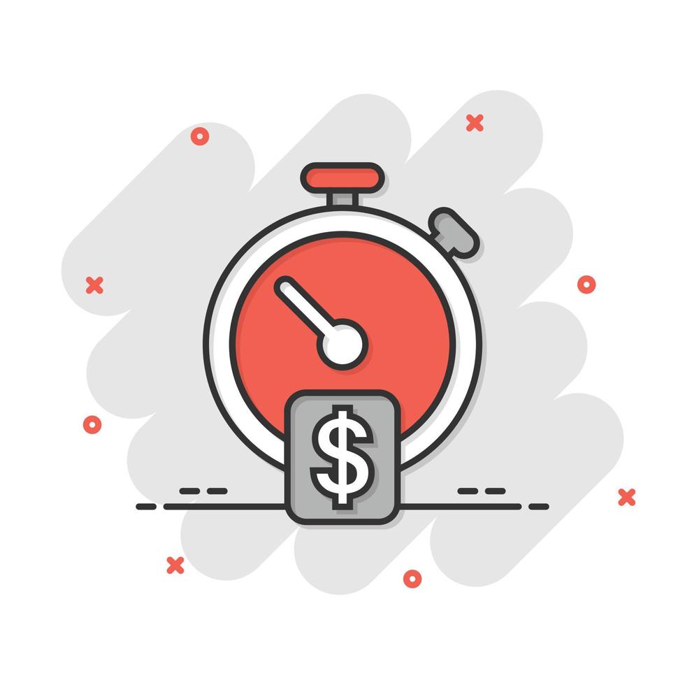 Zeit ist Geld-Symbol im Comic-Stil. Uhr mit Dollar-Cartoon-Vektorillustration auf weißem, isoliertem Hintergrund. Währungssplash-Effekt-Geschäftskonzept. vektor