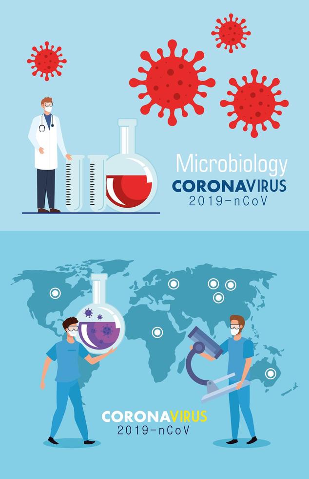 ställa in affisch för mikrobiologi för covid 19 och medicinska ikoner vektor