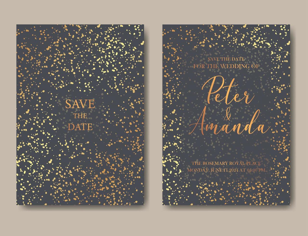 Vorlagen für Vintage-Hochzeitseinladungen. Cover-Design mit goldenem Splash-Muster. Vektor traditionelle dekorative Hintergründe.