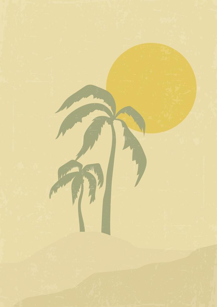 wüstenlandschaft, sonnige dünen und palmenillustration. erdtöne, beige farben. vektor