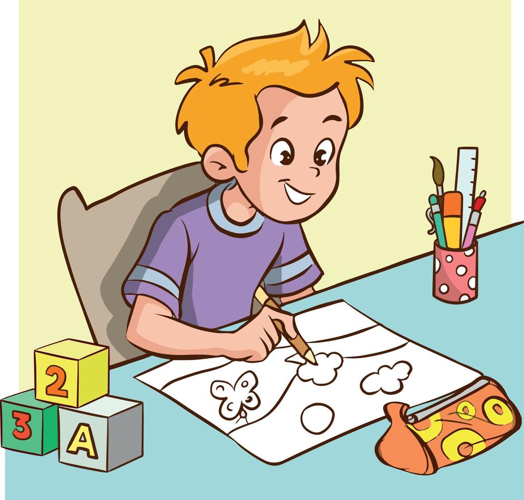 pojke teckning på tabell tecknad serie vektor