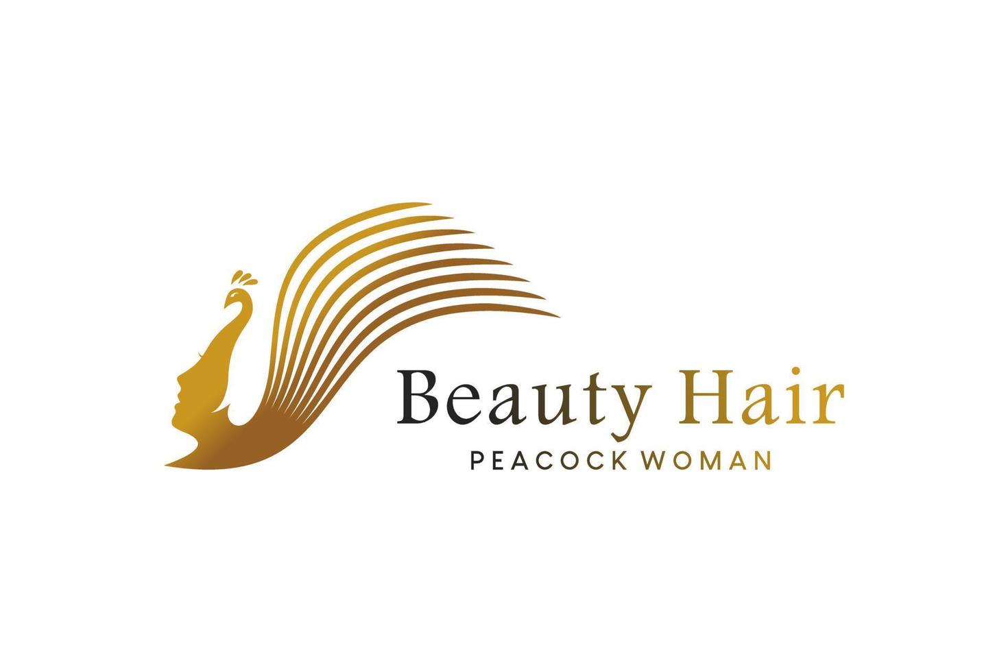 Haarpflege- oder Beauty-Friseursalon-Logo-Design mit dem Konzept, das Gesicht einer Frau und einen Pfau zu mischen vektor
