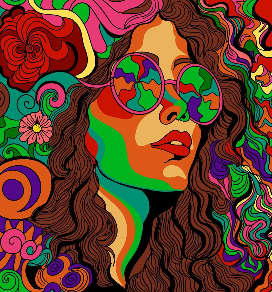 psychedelic hippie kvinna med glasögon. vektor affisch