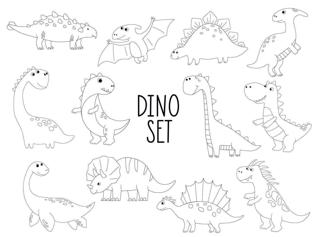 stor uppsättning av söt dinosaurie konturer i tecknad serie stil. barn färg bok illustrationer. vektor